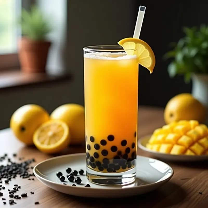 Vaso alto transparente con té de burbujas de mango y limón casero, burbujas de tapioca negras en el fondo, líquido ámbar con espuma, decorado con rodaja de limón y pajita ancha, fondo borroso de cocina con ingredientes naturales.
