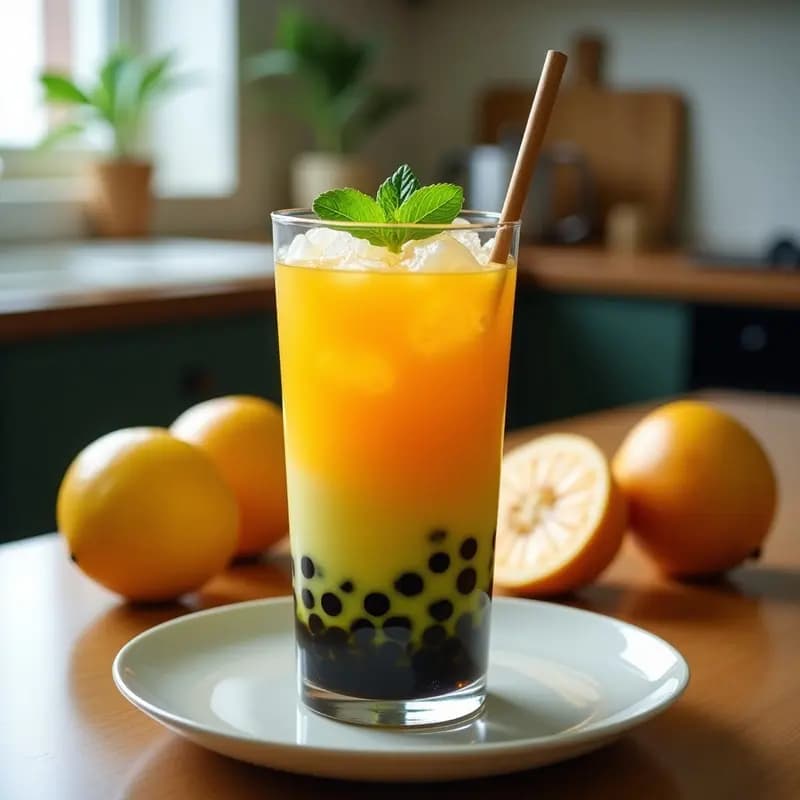 Vaso alto transparente con té de burbujas de mango y maracuyá, capas visibles de puré naranja y té oscuro, perlas de tapioca en el fondo, hielos y hojas de menta fresca como decoración.