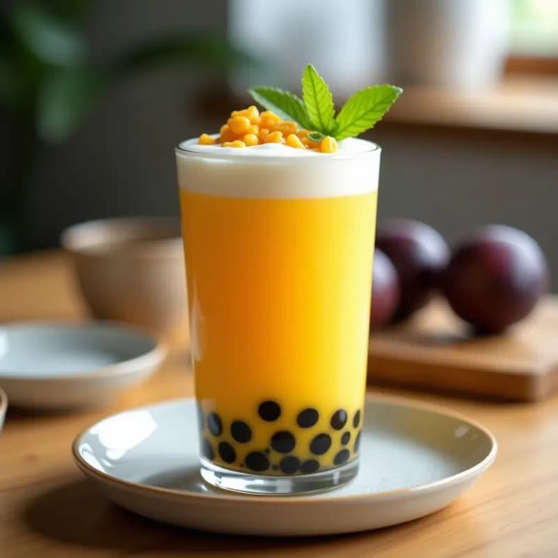 Vaso alto transparente con té de burbujas de maracuyá y yogur griego, capas visibles de té negro, crema amarilla de maracuyá y yogur, perlas de sago oscuras en el fondo, hielo picado y pajita ancha, receta taiwanesa probiótica casera.