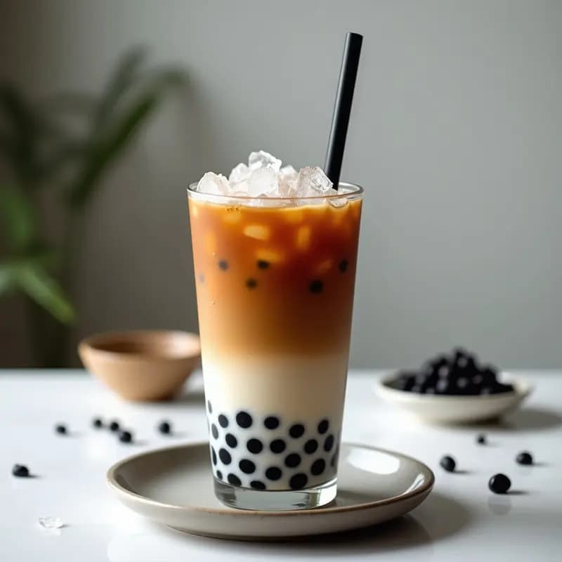 Vaso alto transparente con té de burbujas taiwanés en capas: base oscura de perlas de tapioca negras, té negro infusionado y cremosa leche con espuma en la superficie. Pajita ancha negra y hielo picado. Fondo claro con detalles de hojas de té y un plato de perlas de tapioca.