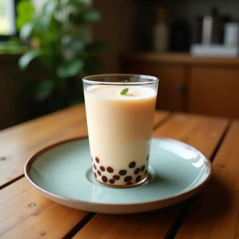 Vaso alto transparente con Té de Burbujas de Taro y Leche de Coco, mostrando capas de té negro oscuro, mezcla morada cremosa de taro y leche de coco, perlas de tapioca blancas y semillas de chía en el fondo. Decorado con hielo picado y una hoja de pandan. Bebida taiwanesa vegana y sin lácteos.