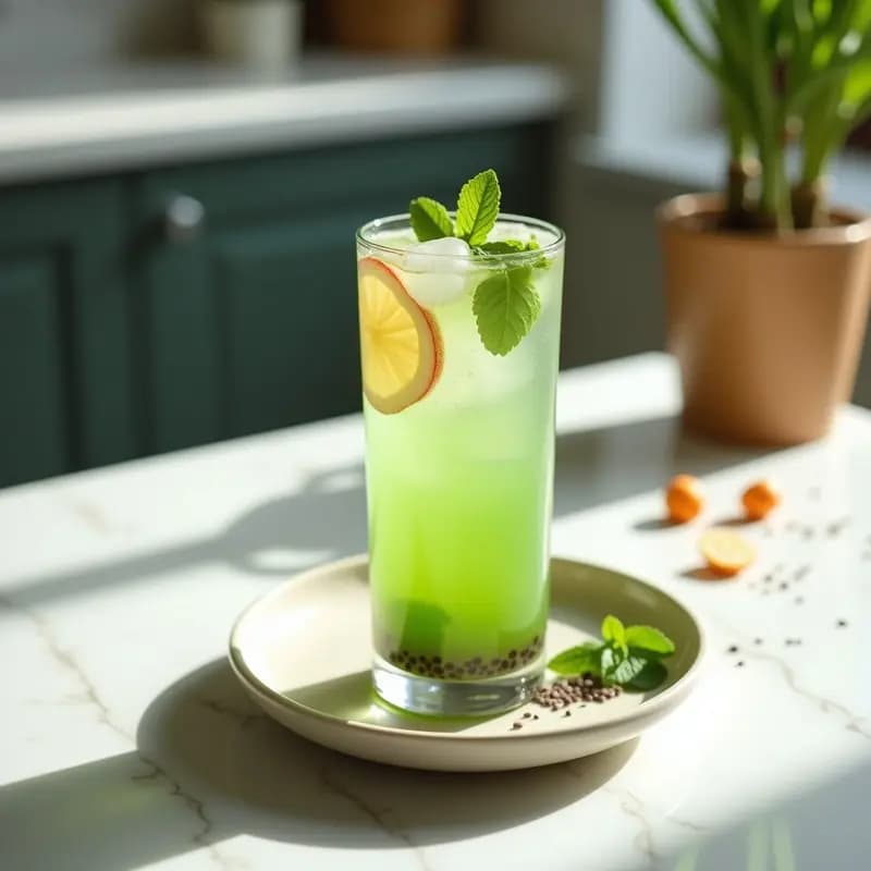 Vaso alto transparente con té de burbujas de té verde y lichi con chía, decorado con rodajas de lichi fresco, hojas de menta y perlas de chía gelatinosas. Fondos de burbujas efervescentes y hielo brillante. Bebida taiwanesa sin azúcar y probiótica.
