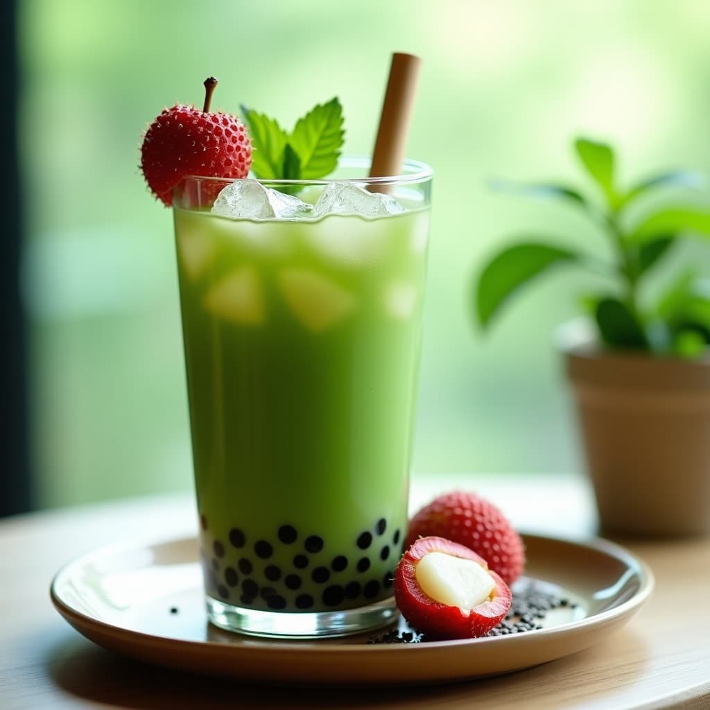 Vaso alto transparente con té de burbujas de té verde y lichi, burbujas de tapioca negras en el fondo, trozos de lichi fresco y hojas de menta, pajita ancha, fondo borroso con tonos verdes y luz natural.