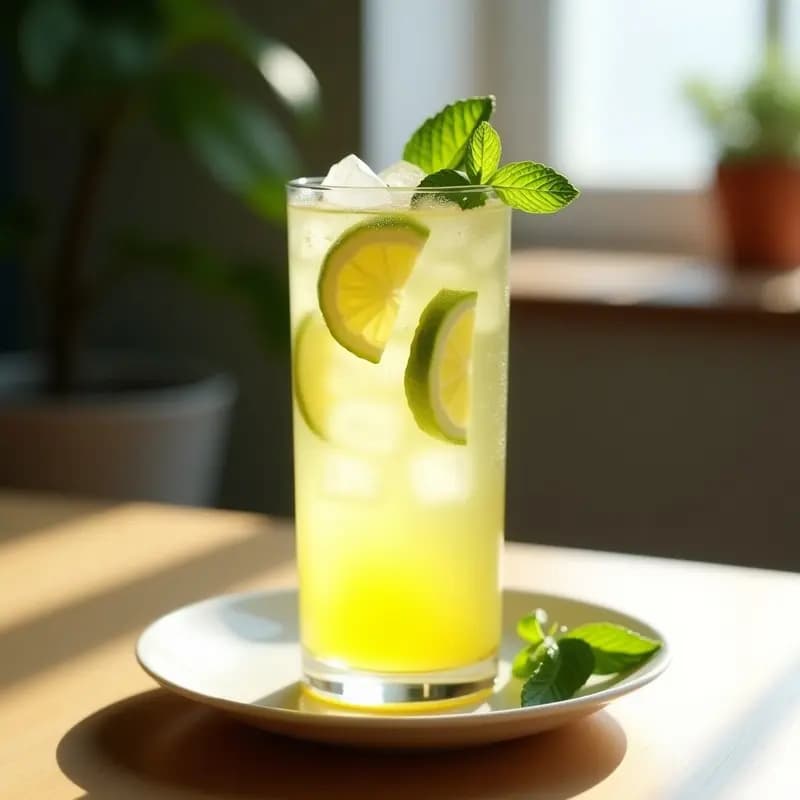 Vaso alto transparente con té de burbujas de yuzu y limón, rodajas de yuzu fresco flotando, burbujas efervescentes, hojas de menta y hielo, sobre fondo de madera clara con luz natural.