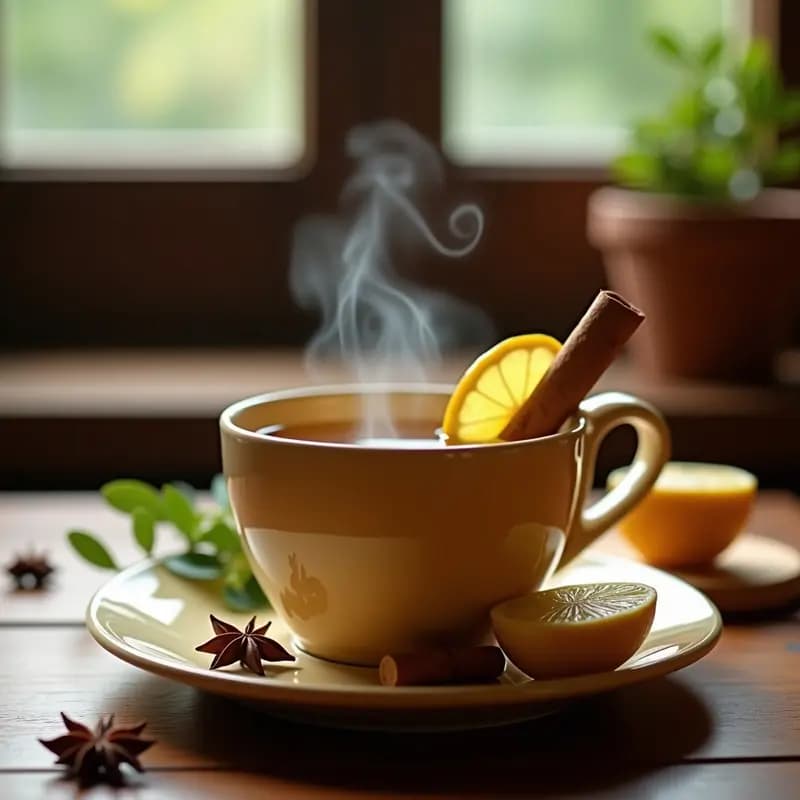 Taza de cerámica humeante con té caliente de cóndor de los Andes, decorada con rodaja de limón y ramita de canela, sobre fondo rústico de madera con hierbas andinas al lado.