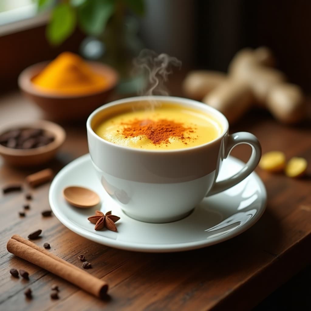 Taza de cerámica blanca humeante con té chai de golden milk con pimienta de cayena, espolvoreada con cúrcuma y canela, sobre una mesa de madera rústica con especias al fondo.