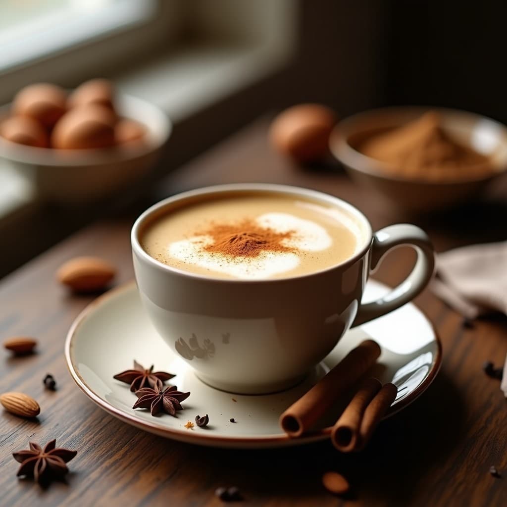 Taza de cerámica blanca con té chai latte vegano espumoso, especias como canela en rama y anís estrellado flotando, sobre una mesa de madera rústica con un paño de lino beige. La bebida tiene un color dorado cálido y está decorada con un espolvoreado de canela en polvo.