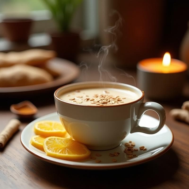 Taza de cerámica blanca humeante con té chai especiado de color dorado, servido con leche de avena y jengibre fresco rallado, acompañada de una ramita de canela y estrellas de anís sobre una mesa de madera rústica con especias al fondo.