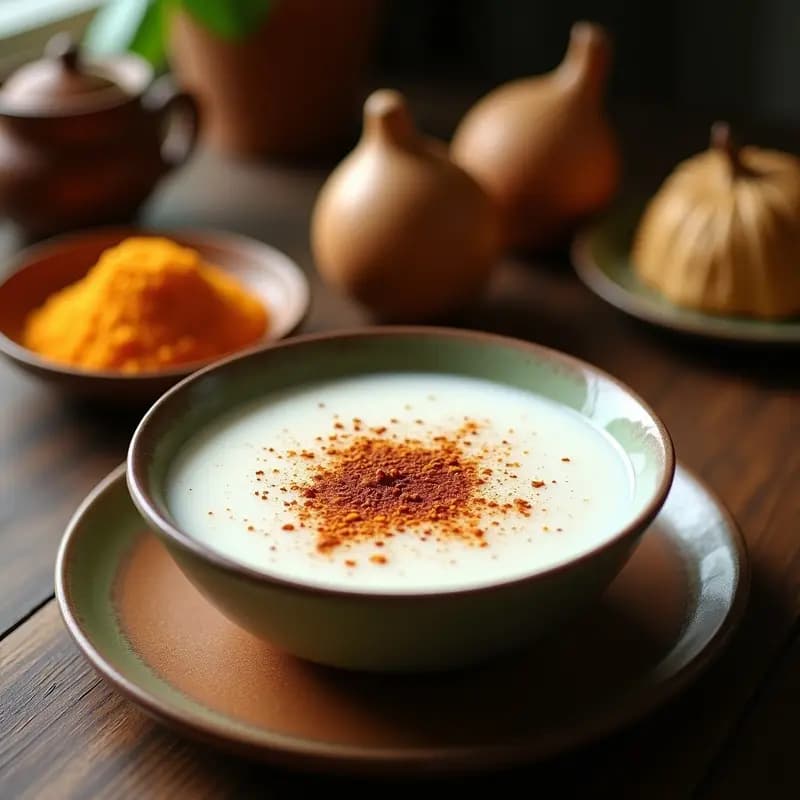 Taza de cerámica blanca con Té Chai humeante, leche de coco cremosa y especias flotantes como canela y cardamomo, sobre mesa de madera con fondo borroso de cocina tradicional india.