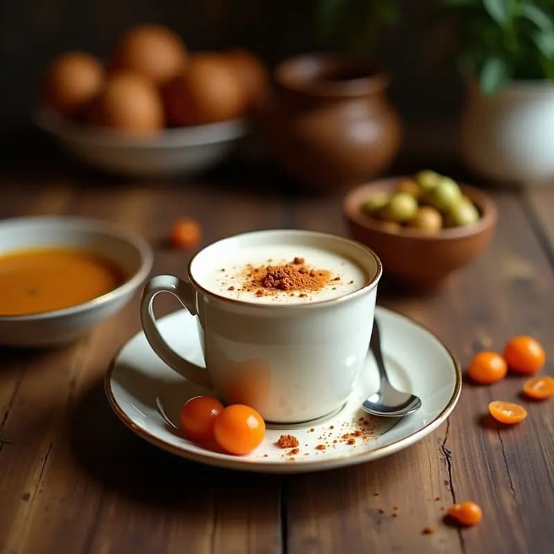 Taza de porcelana blanca con Té Chai Masala con Leche de Coco, espolvoreado con canela en polvo, sobre una mesa de madera rústica con especias enteras al fondo (cardamomo, clavo, canela) y una ramita de canela como decoración. Vapor ascendiendo de la bebida caliente.