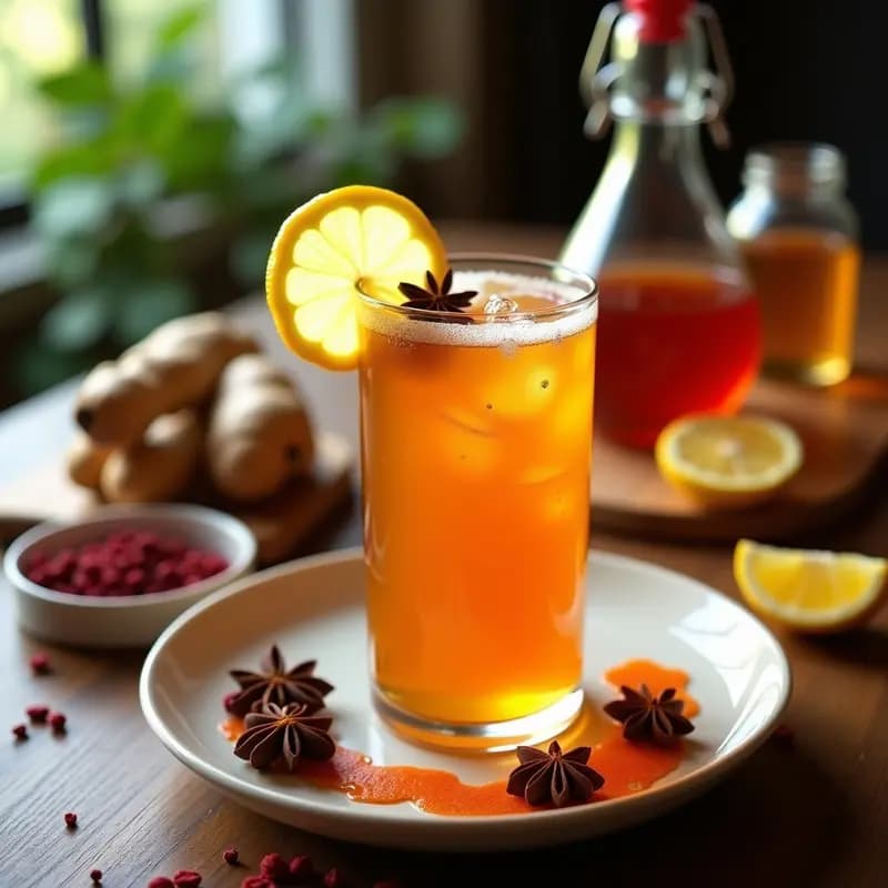 Jarra de vidrio transparente con té de combucha dorado y burbujeante, rodajas de jengibre fresco y granos de pimienta de Jamaica flotando. Servido en vaso alto con hielo y una rodaja de limón, sobre fondo rústico de madera con hierbas aromáticas.
