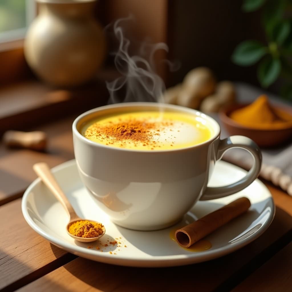 Taza de cerámica blanca con Golden Latte antioxidante para inmunidad, espuma dorada en la superficie, espolvoreada con cúrcuma y canela, sobre una mesa de madera con una cucharita de miel y una rodaja de jengibre fresco al lado.