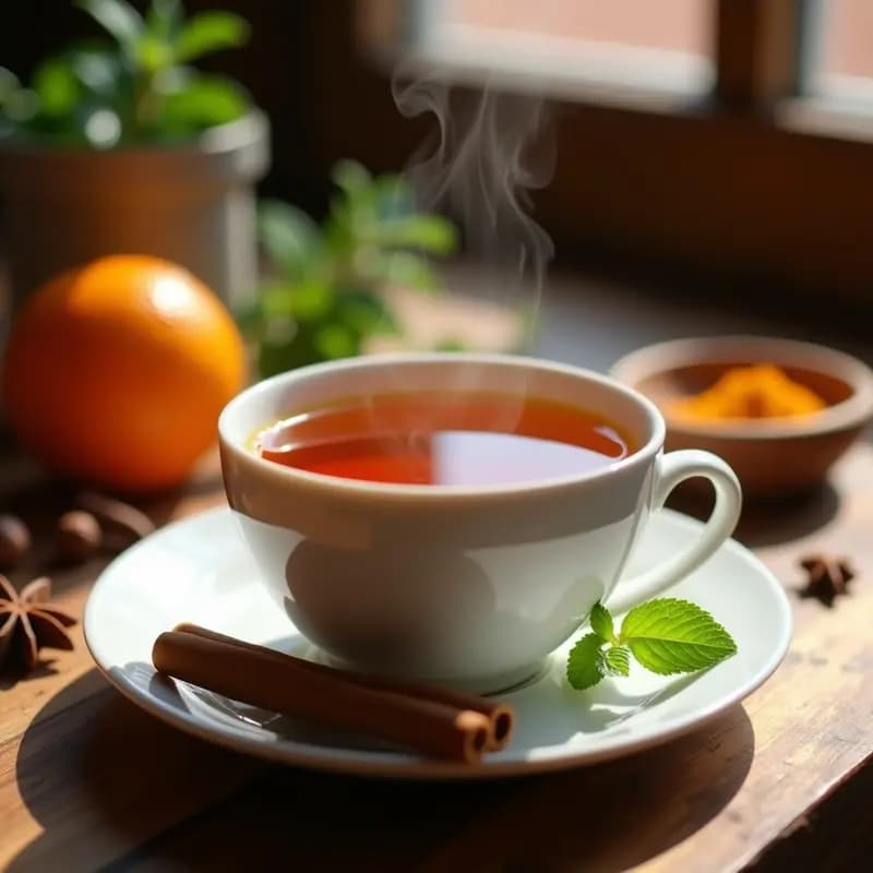Taza de porcelana blanca con té de especias marroquí de color ámbar oscuro, decorada con una rama de canela y hojas de menta fresca, sobre una mesa de madera rústica con especias al fondo.
