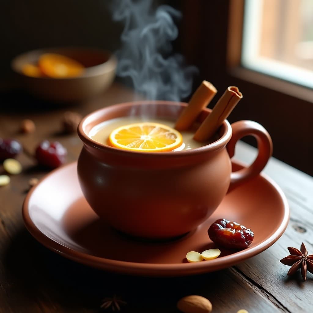 Taza de barro rústica con té caliente de especias marroquíes, leche de almendras y dátiles, decorada con una ramita de canela y rodaja de naranja sobre fondo de madera oscura.