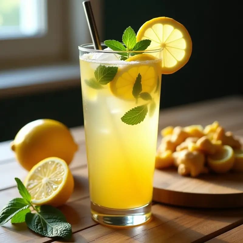 Vaso alto transparente con té frío de lemongrass y limón, burbujas de jengibre, rodajas de limón y hojas de menta, servido con hielo y pajita de metal, sobre fondo de madera rústica.