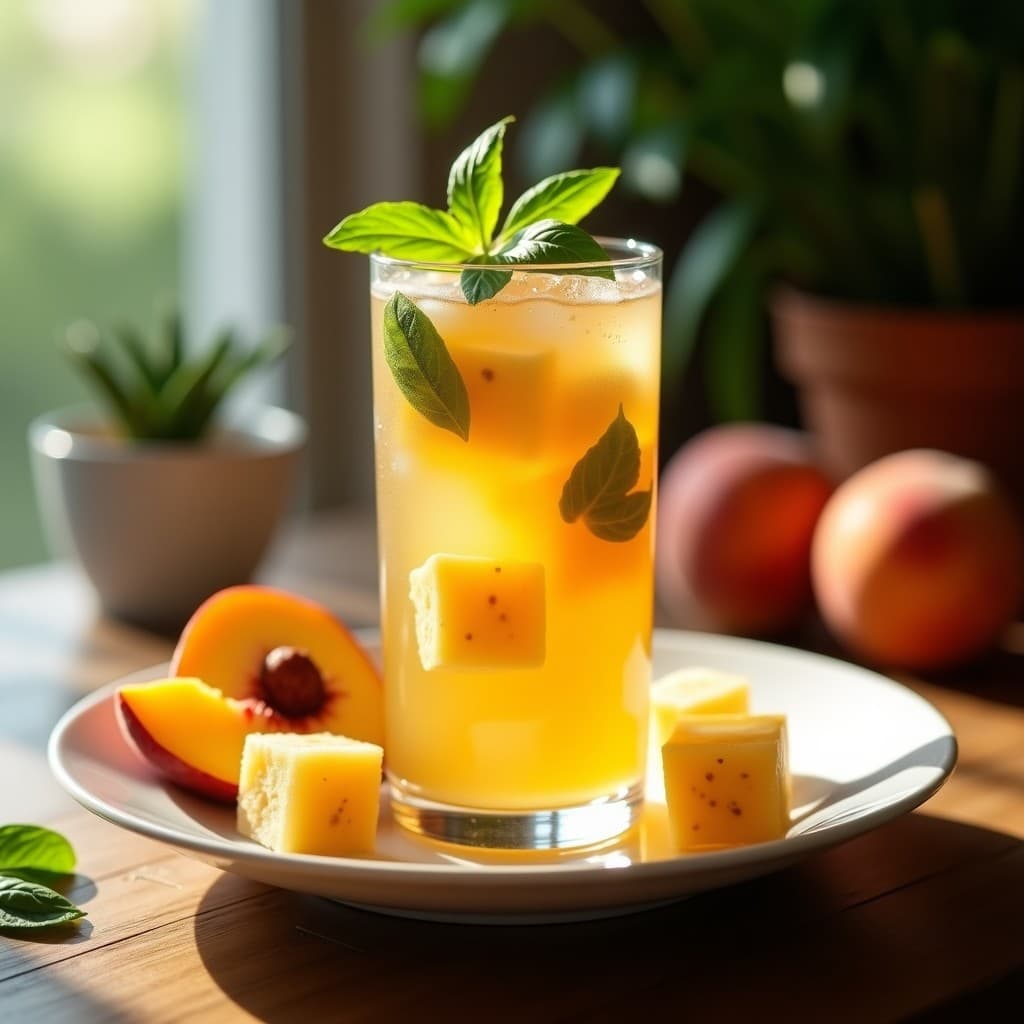 Vaso alto transparente con té frío de melocotón y albahaca, decorado con cubos de melocotón fresco, hojas de albahaca y hielo de jengibre dorado. Fondo de mesa rústica con luz natural veraniega.