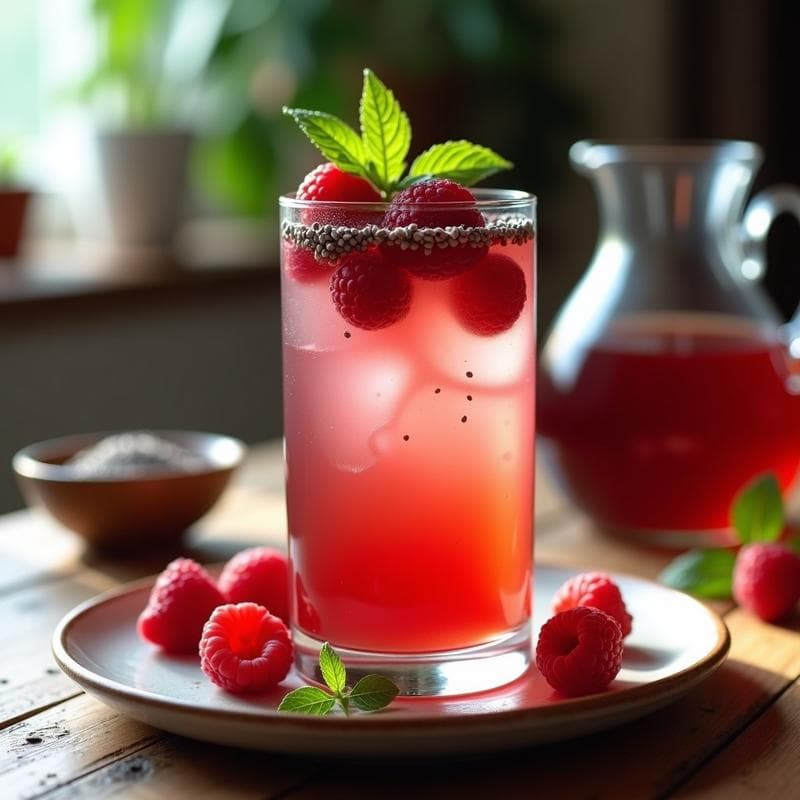 Vaso alto transparente con té frío de rooibos y frambuesas con chía, decorado con frambuesas frescas, hojas de menta y semillas de chía hidratadas, sobre fondo de madera rústica con luz natural.