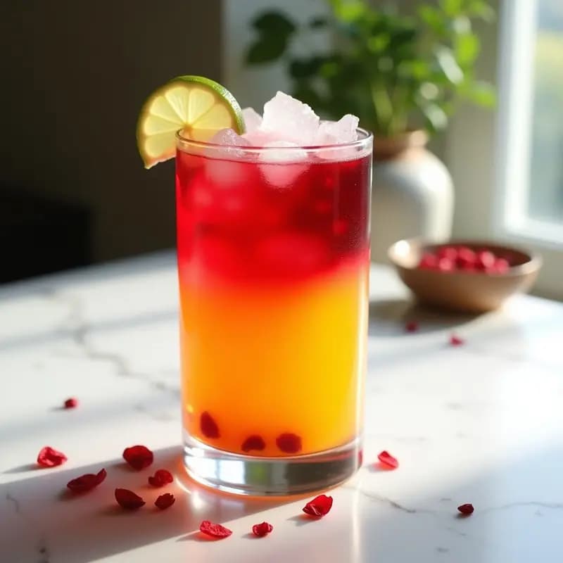 Vaso alto transparente con té gelificado de hibisco y maracuyá, mostrando capas rojizas y amarillas, decorado con hielo picado y una rodaja de limón, sobre fondo blanco con luz natural.