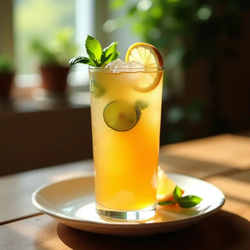 Vaso alto transparente con Té Glaseado de Melocotón y Albahaca, burbujas de lima visibles, decorado con rodajas de limón y hojas de albahaca fresca, fondo veraniego con luz natural.