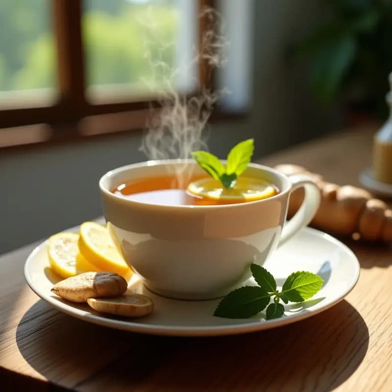 Taza de cerámica blanca con té de hierbas amazónicas de color ámbar oscuro, decorada con rodajas de jengibre fresco y hojas de menta, sobre una mesa de madera rústica con fondo borroso de naturaleza.