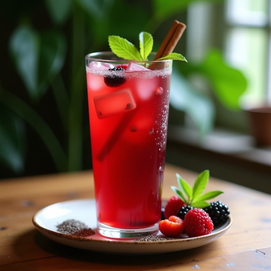 Vaso alto transparente con té helado de guayusa de color rojo intenso, semillas de chía en suspensión y trozos de frutos rojos flotando. Fondo con hojas de guayusa y una ramita de canela. Bebida refrescante y antioxidante ecuatoriana.