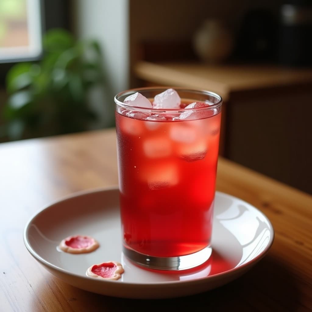 Vaso alto transparente con Té Helado de Hibisco y Jengibre, coronado por burbujas espumosas de agua de rosa y pétalos de rosa comestibles, sobre fondo de mármol blanco con hojas de menta y rodajas de limón.