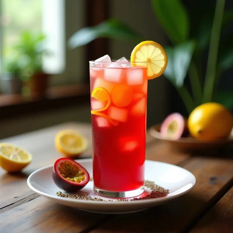 Vaso alto transparente con té helado de hibisco y maracuyá con chía, decorado con rodajas de limón verde y hojas de menta fresca. La bebida presenta un color rojo intenso con semillas de chía en suspensión y hielo flotando. Fondo borroso con elementos tropicales como hojas de palma.