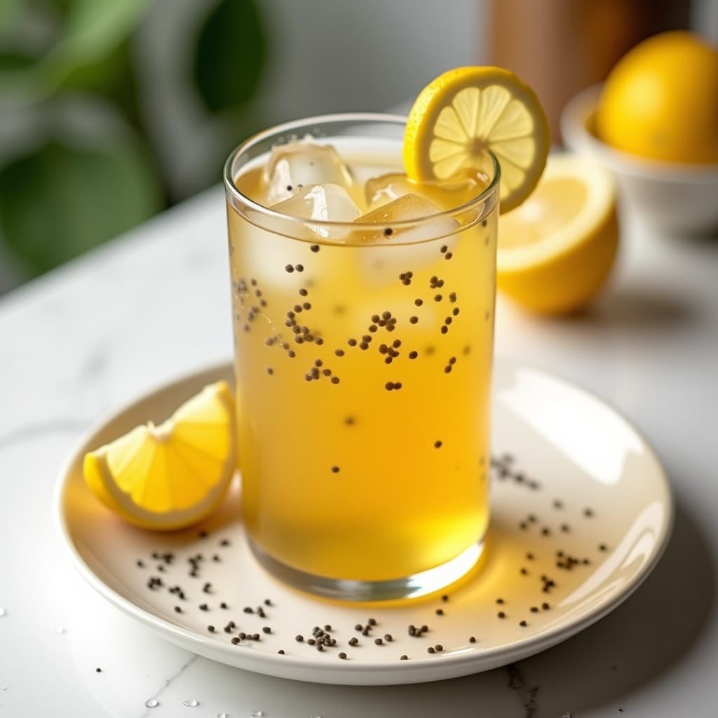 Vaso alto transparente con té helado de jengibre y limón, semillas de chía hidratadas en suspensión, hielo y rodaja de limón como decoración, sobre fondo blanco con gotas de agua.