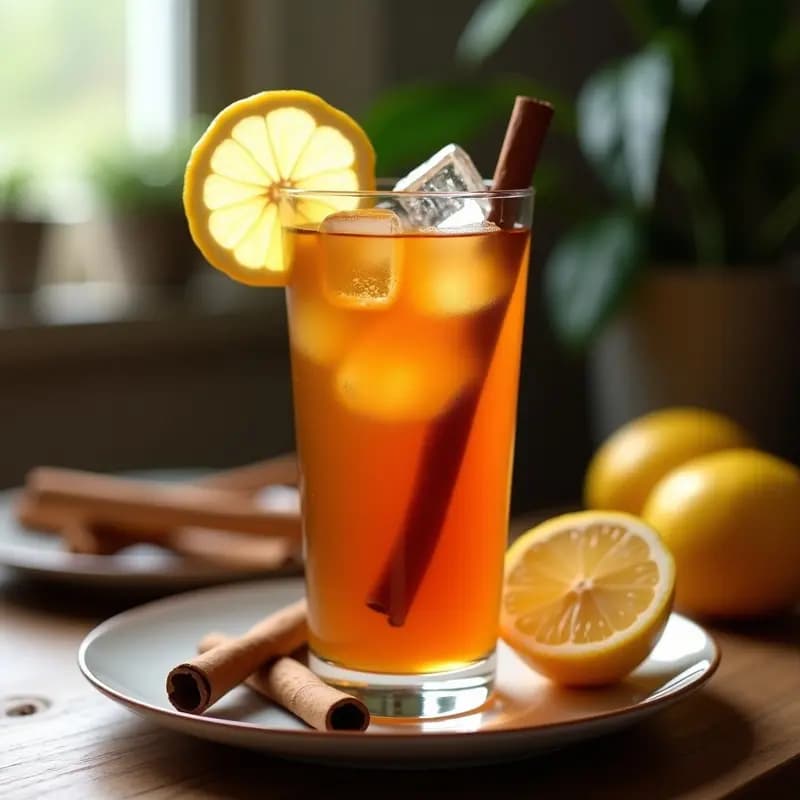 Vaso alto transparente con té helado de lapacho de color ámbar oscuro, hielo brillante, una rodaja de limón y una ramita de canela, sobre una mesa de madera rústica con fondo desenfocado.