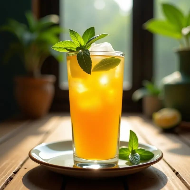 Vaso alto transparente con té helado de maracuyá y albahaca, decorado con hojas frescas de albahaca y cubos de hielo, servido sobre una mesa rústica de madera con fondo de luz natural.
