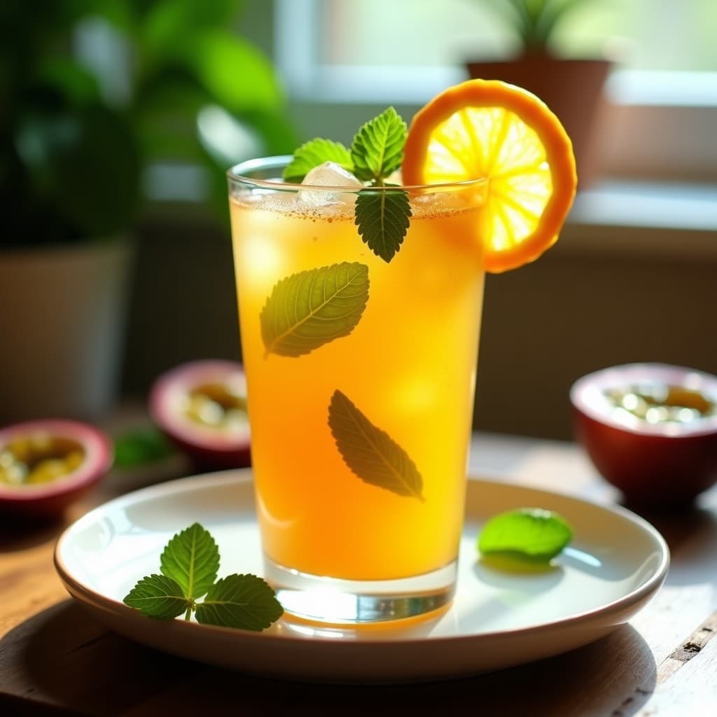 Vaso alto transparente con té helado de maracuyá y menta, decorado con rodajas de maracuyá, hojas de menta fresca y hielos, sobre una mesa de madera con luz natural.