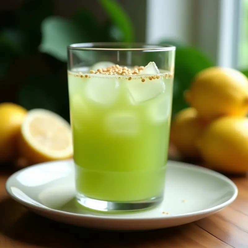 Vaso alto transparente con té helado de matcha y limón, de color verde claro con cubitos de hielo flotando, espolvoreado con semillas de sésamo tostadas doradas. Fondos borrosos de limones y hojas verdes, luz natural y fresca.