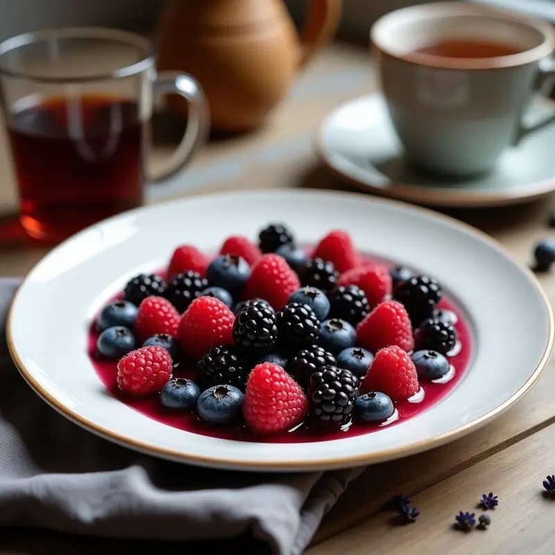 Vaso alto transparente con té helado de Rooibos de color ámbar, mezclado con puré de frutos del bosque, semillas de lino dorado y hojas de menta fresca. Fondo de madera rústica con frutos del bosque esparcidos y una cucharilla de madera.