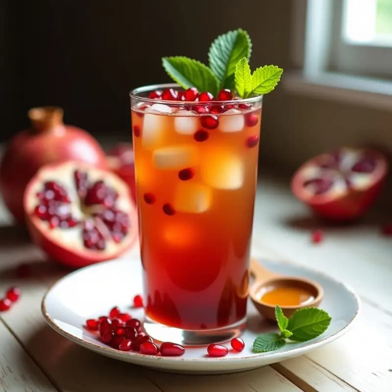 Vaso alto transparente con té helado de rooibos color ámbar, decorado con semillas de granada rojas, hojas de menta fresca y cubitos de hielo, sobre un fondo de madera clara con granadas abiertas y una cuchara de miel de agave.