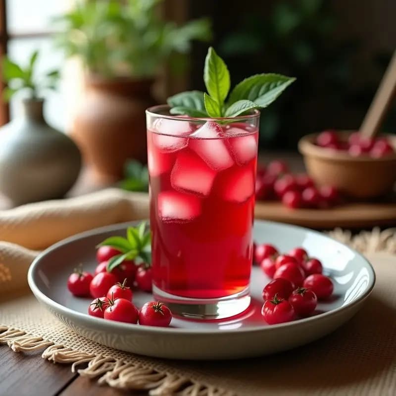 Vaso alto de cristal con té glacial de hibisco de color rojo intenso, decorado con hielo picado, rodajas de limón y hojas de menta fresca, sobre una mesa de madera con pimientas rosas y flores de hibisco al fondo.