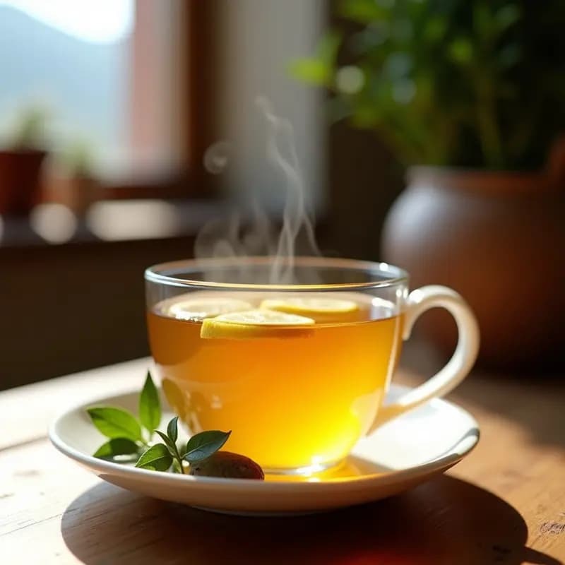 Taza de porcelana blanca con infusión dorada de té de hierbas andinas con muña y cedrón, decorada con rodaja de limón y hojas frescas, sobre mesa de madera rústica con fondo de montanas peruanas.