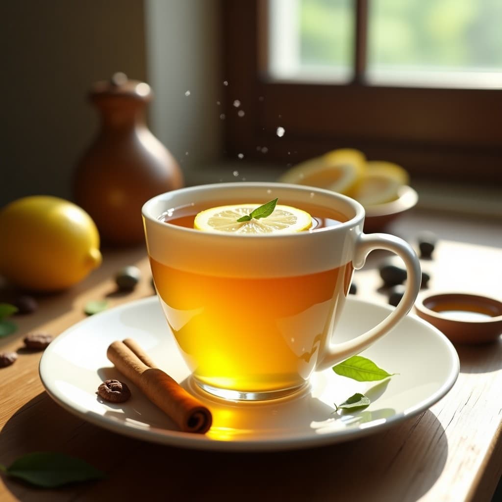 Taza de porcelana blanca con té de hoja de olivo y limón, decorada con rodajas de limón fresco y una rama de canela. Fondo de mesa de madera rústica con hojas de olivo secas esparcidas y luz natural suave. Bebida mediterránea detox rica en antioxidantes.