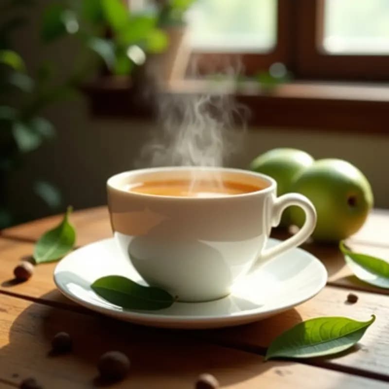 Taza de porcelana blanca con infusión dorada de té de hojas de guayaba y clavo de olor, humeante, sobre mesa de madera rústica con hojas frescas de guayaba y clavos de olor esparcidos. Luz natural suave resaltando los tonos cálidos de la bebida tropical digestiva.
