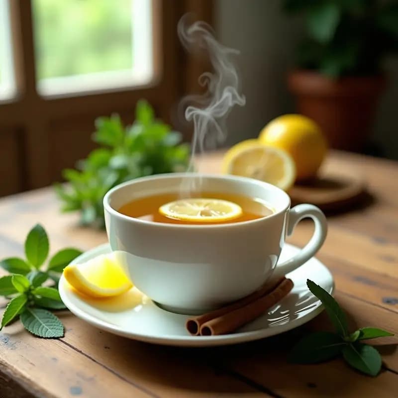 Taza de porcelana blanca con té dorado de hojas de olivo y menta, decorada con una rodaja de limón y una rama de canela, sobre una mesa rústica de madera con hojas frescas de olivo y menta esparcidas. Bebida relajante y antioxidante.