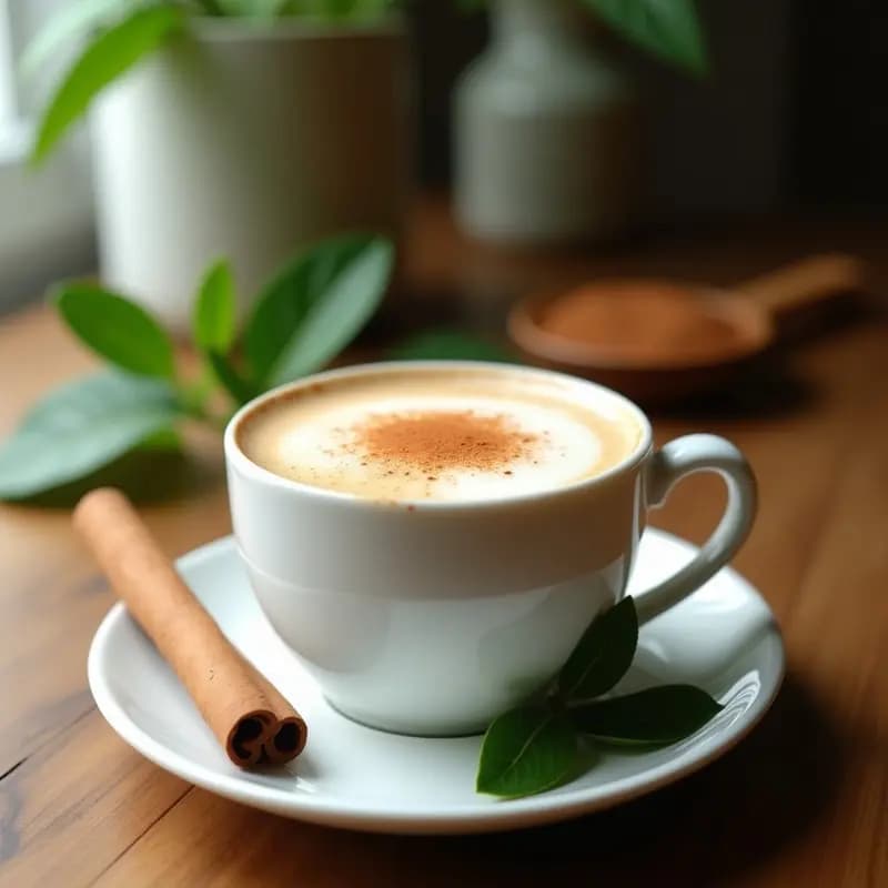 Taza de cerámica blanca con latte espumoso de color beige claro, decorado con una pizca de canela en polvo. Al fondo, hojas de stevia frescas y una rama de canela sobre una mesa de madera rústica. Bebida reconfortante sin azúcar.