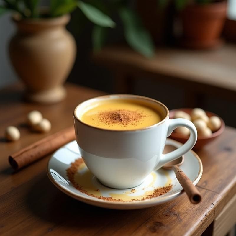 Taza de cerámica blanca con bebida espumosa de color marrón claro, espolvoreada con canela en polvo, junto a una rama de canela y anacardos enteros sobre una mesa de madera rústica. Receta de té de hongos chaga con leche de anacardo y canela.