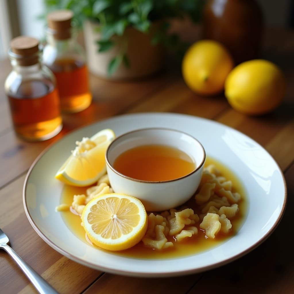 Taza de porcelana blanca con té de hierbas dorado, decorado con pétalos de rosa y una rodaja de limón. Al fondo, flores de jazmín secas y un tarro de miel de Manuka. Bebida relajante y antioxidante.