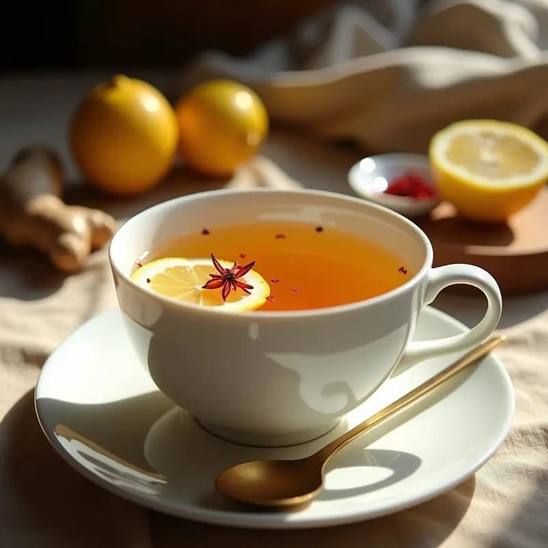 Taza de porcelana blanca con té dorado de jengibre y azafrán, decorada con hebras de azafrán y una rodaja de limón sobre una mesa de madera oscura con especias al fondo, bebida iraní antiinflamatoria para el invierno.