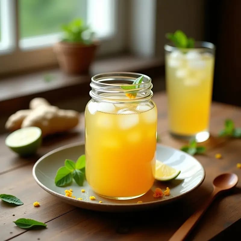 Tarro de vidrio transparente con té de jengibre fermentado y limón kaffir, líquido dorado y burbujeante, servido en vaso con hielo y rodaja de limón, fondo de cocina rústica con hierbas frescas.