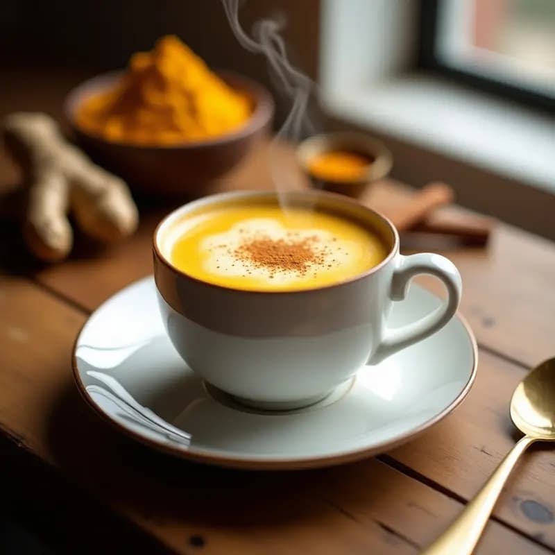 Taza de cerámica blanca con té de jengibre y kurkuma latte keto, espuma dorada y espolvoreada con canela, sobre mesa de madera con raíces de cúrcuma y jengibre frescas al lado.