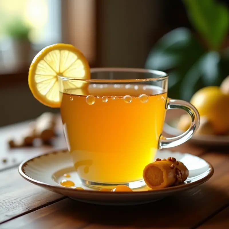 Taza transparente con té dorado de jengibre y limón, burbujas de miel visibles en la superficie, rodaja de limón y trozo de jengibre fresco como decoración, fondo de madera rústica.