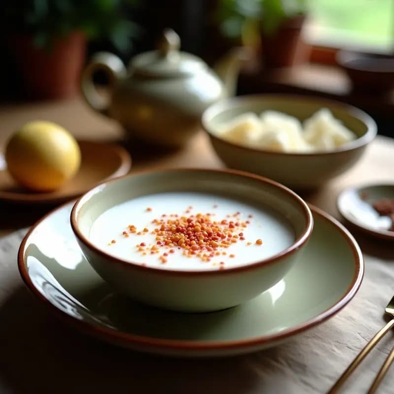 Taza de cerámica blanca con té de jengibre y pimienta rosa con leche de coco, humeante y decorada con rodaja de jengibre fresco y granos de pimienta rosa, sobre fondo rústico de madera con especias al lado.