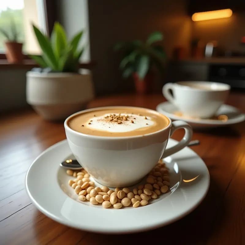 Taza alta de vidrio transparente con Té Latte de especias de bombón y leche de avena espumosa, decorada con canela en polvo. Fondos de especias enteras (cardamomo, clavo) y una ramita de canela al lado, sobre una mesa de madera con luz natural.
