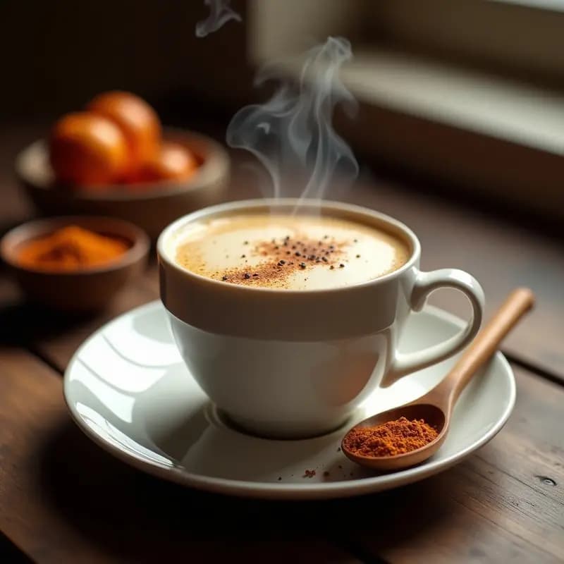 Taza de cerámica blanca con té latte de rooibos humeante, espolvoreado con canela y pimienta negra, junto a un cuenco con mezcla de baharat y una cuchara de madera sobre fondo rústico de madera oscura.