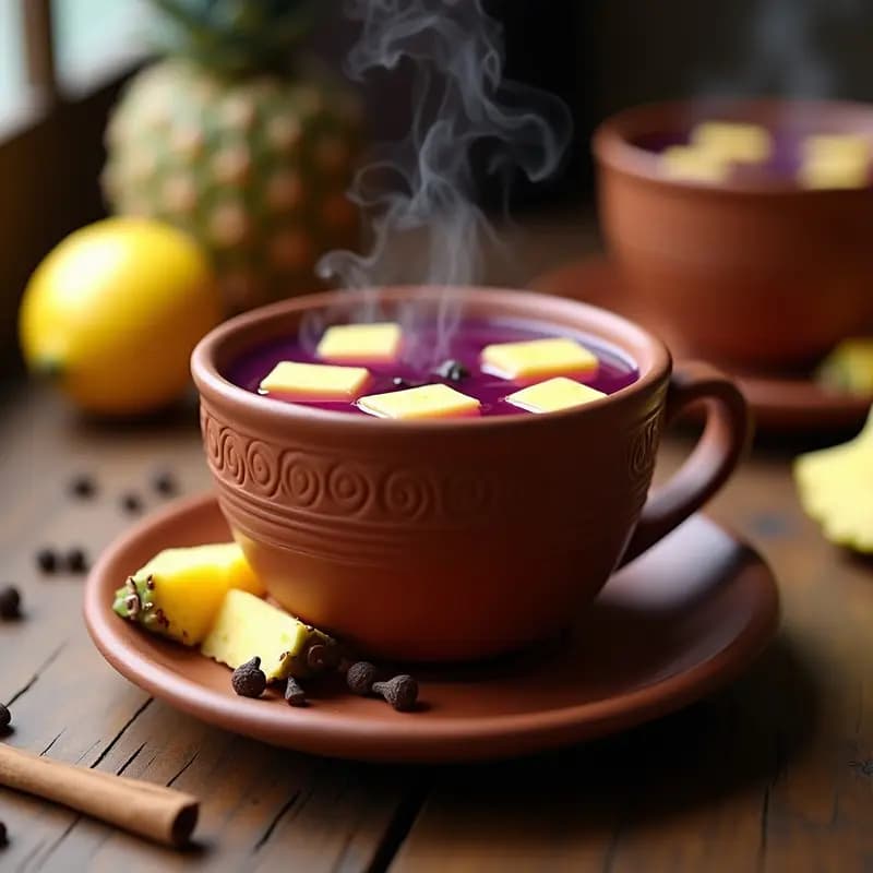 Taza de té morado intenso con trozos de piña fresca y clavos de olor flotando, servido en una taza de barro con fondo de madera rústica y rodajas de piña al lado.